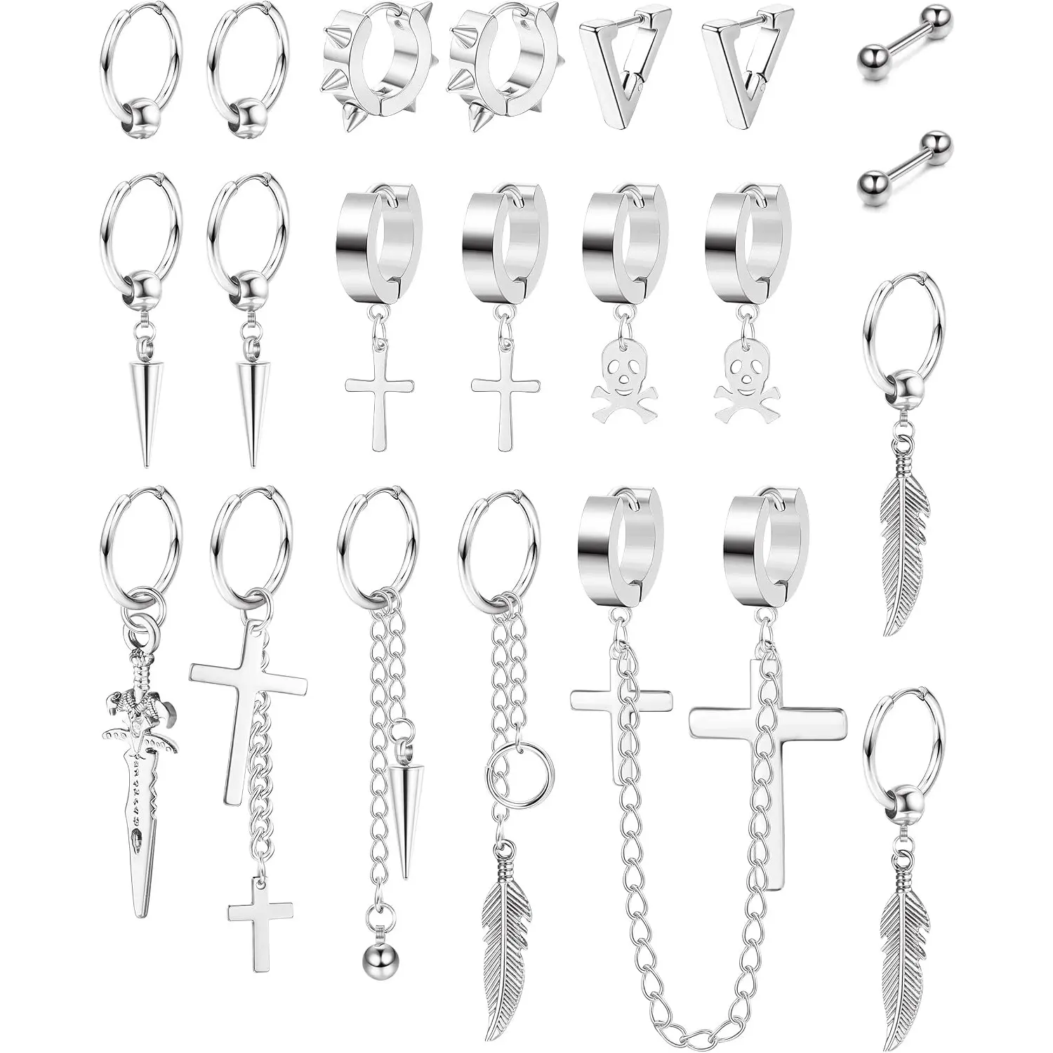 21Pcs 316L Stainless Steel Earrings for Women Men, Punk Gothic Kpop Earrings Set, Leaf Cross Earrings, Unisex