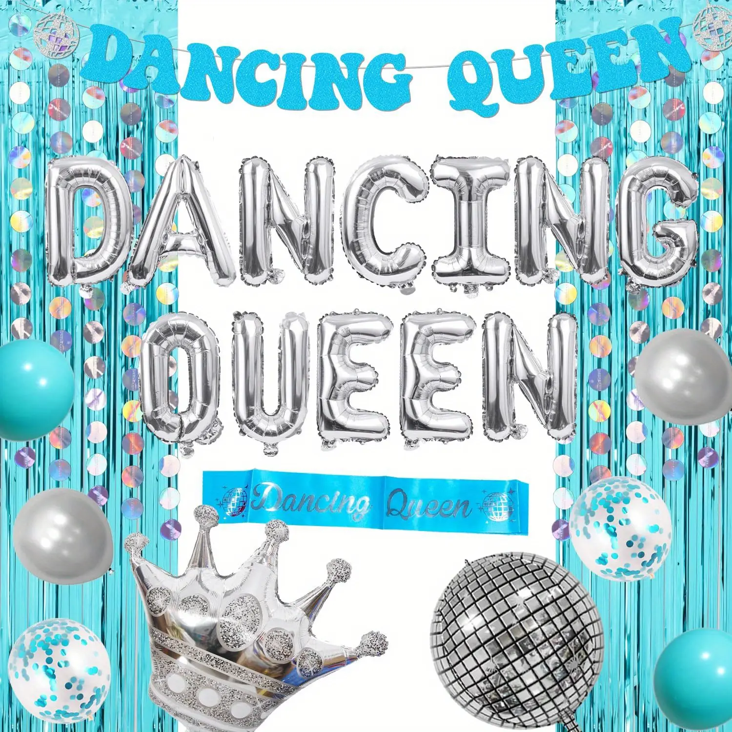 Dancing Queen Party Decoration Set, Blue Aluminum Foil Curtain, Disco Banner, Sash, Circle Dot Garland, Latex Balloons, Gifts for Bachelorette Party Supplies with Balloon Letter, Draping Festive Backdrops & Banners, Bridal Shower