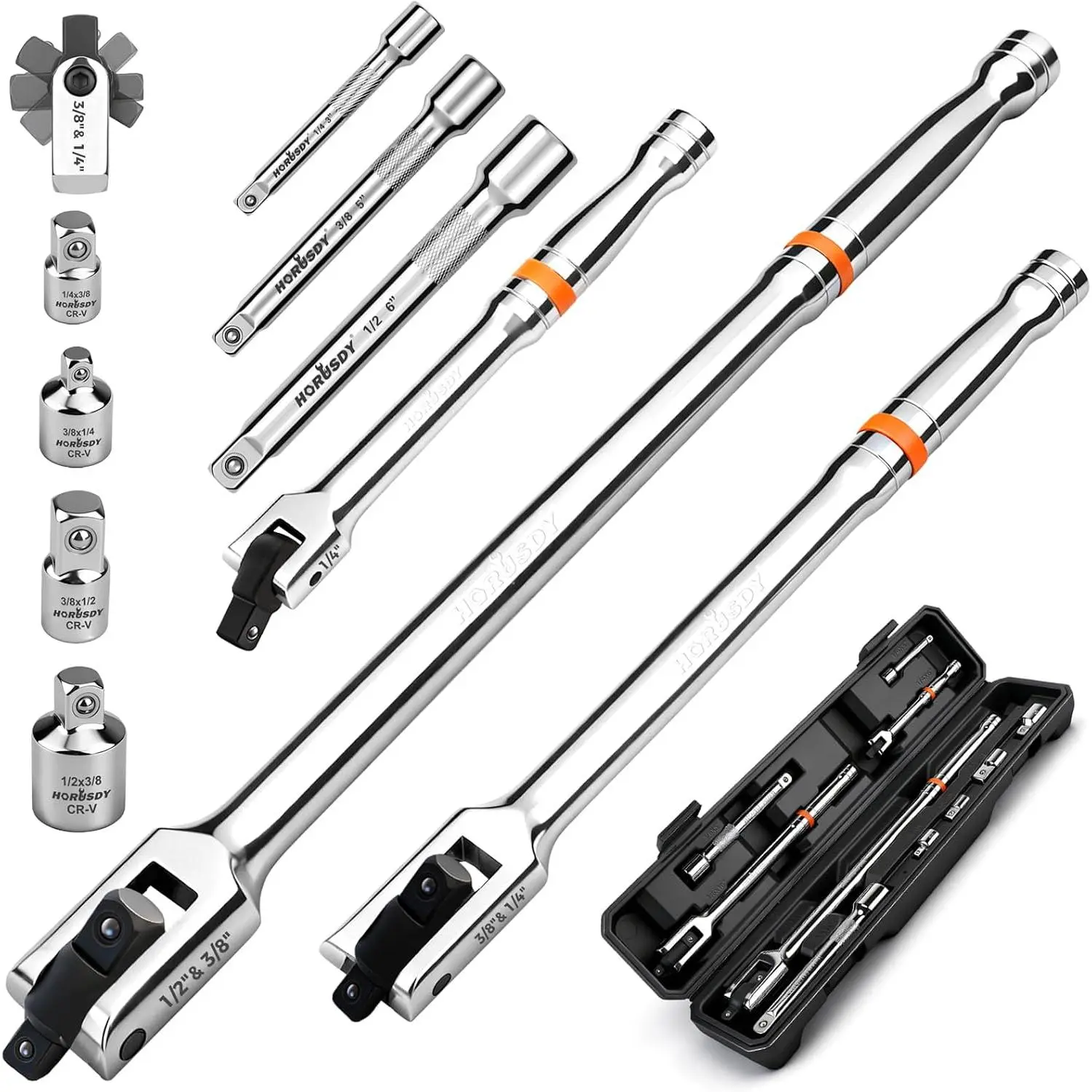 HORUSDY 10-Piece Dual-Drive Breaker Bar Set, Heavy-Duty Torque Kit with 360° Rotatable Head, Premium Cr-V Steel, Spring-loaded Detent Ball, Extension Bars & Socket Adapters, Durable Storage Case