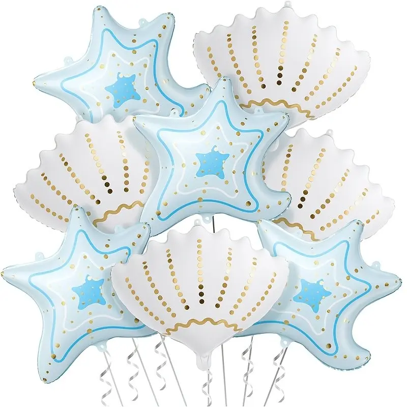 8pcs Ocean Balloon Set, 4 Blue Starfish Balloons, 4 Shell Balloons, Underwater Party, Summer Beach Themed Party Decoration