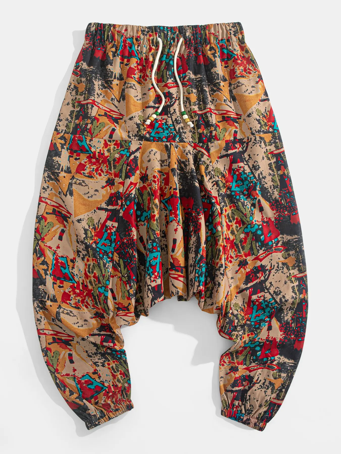 Men's Abstract Print Harem Pants, Elastic Waist Baggy Casual Trousers, Ideal for Beach Vacation, Streetwear & Yoga