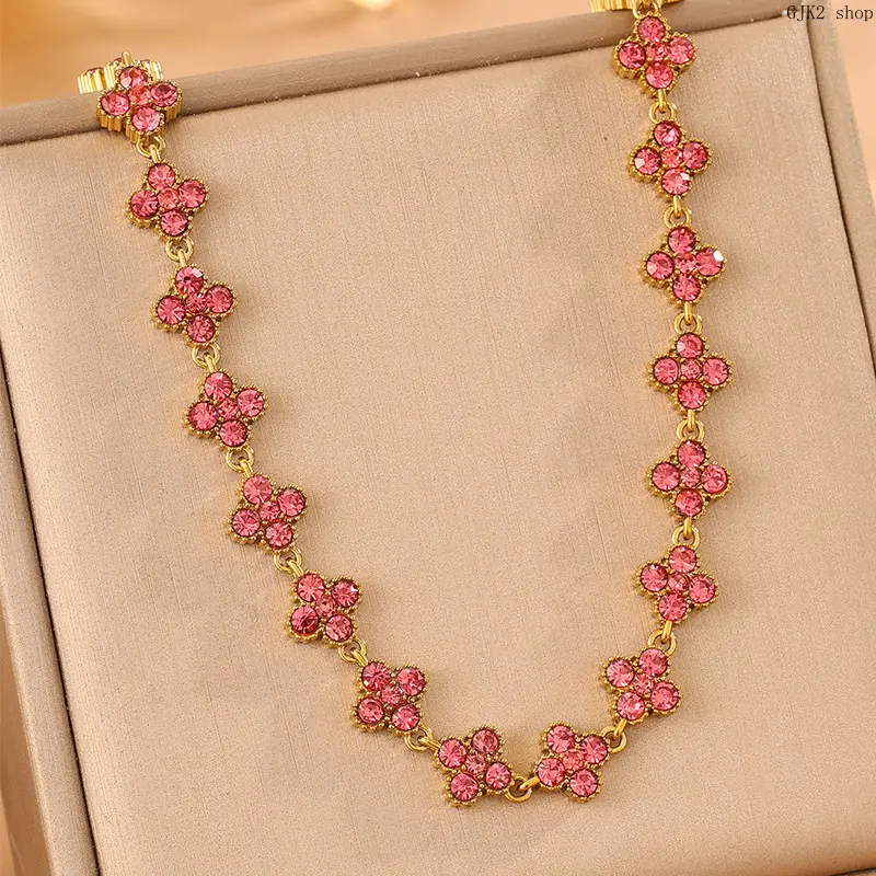 Gold Tone Sparkling Pink Crystal Four Leaf Clover Bracelet, Lucky Floral Link Bracelet Jewelry For Women Party