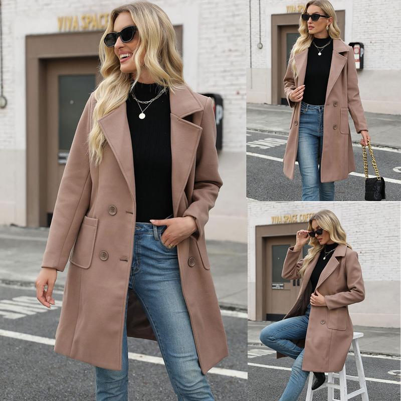 Molitree Women's Winter Wool Blend Camel Mid-Long Coat Notch Double-Breasted Lapel Jacket Outwear Womenswear Tops Minimalist Collared Casual Button