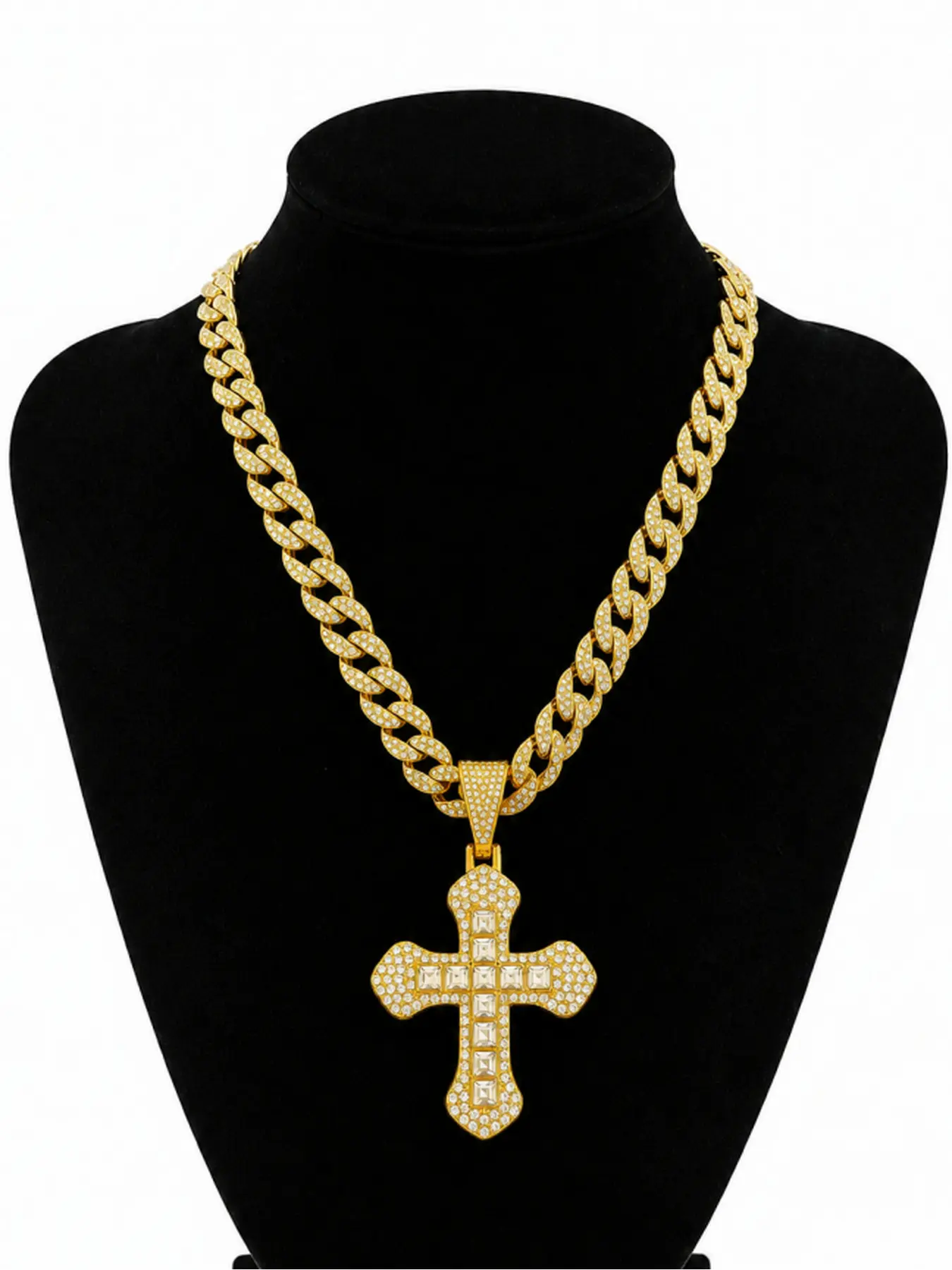 Diamond-studded cross pendant, flashy hip-hop cross charm, unisex street-style necklace accessory gift for men and women