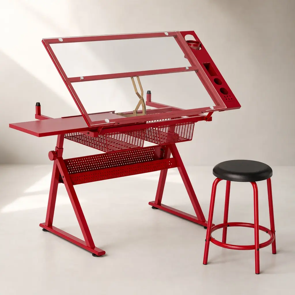 ARCH Adjustable Durable Glass Drafting Table with Stool - Red Tempered Glass, 0-75° Tiltable, Steel Frame, 2 Drawers, Side Storage Strip, for Artists, Architects, Crafters, 23.62W x40.15in Home Office Desk
