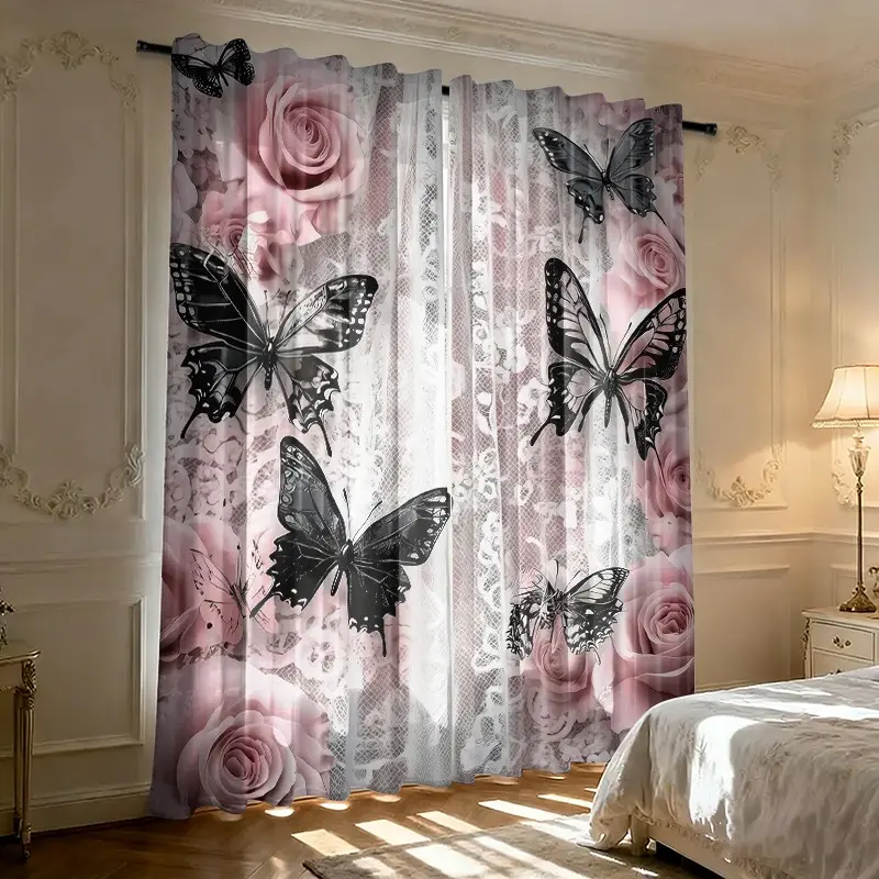 2-piece 2D Printed Pink Rose & Black Butterfly Pattern Sheer Curtains Window Drapes Semi-Blackout Polyester Material for Living Room and Bedroom - Finished Window Curtains