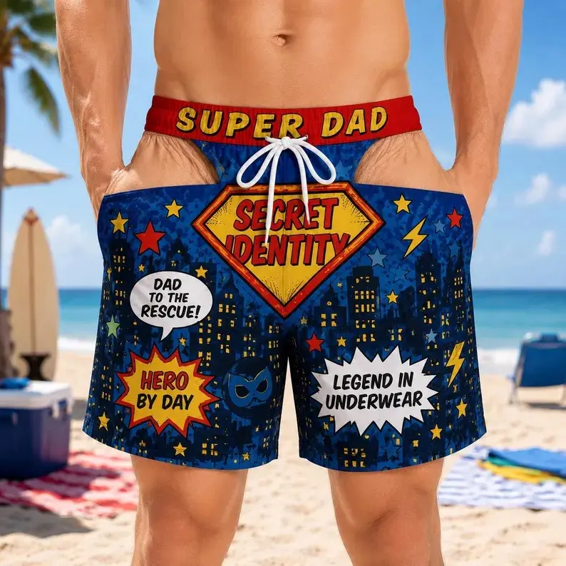 Novelty Super Dad Beach Shorts with Mesh Lining, Funny Superhero/Dad Tax Swim Trunks for Men, Father's Day Gift, Dad Beach Vacation Outfit, Summer Pool Party Fun