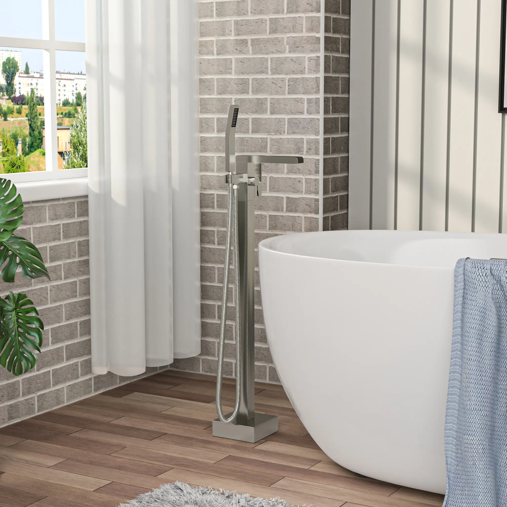 ARCH Freestanding Bathtub Faucet Waterfall Tub Filler Brushed Nickel Floor Mount Brass Bathroom Faucet with Hand Shower Modern Freestanding Tub Faucet for Soaking Bathtub Bathroom Fixture Single Handle, Bathroom Shower Door for Bathtub