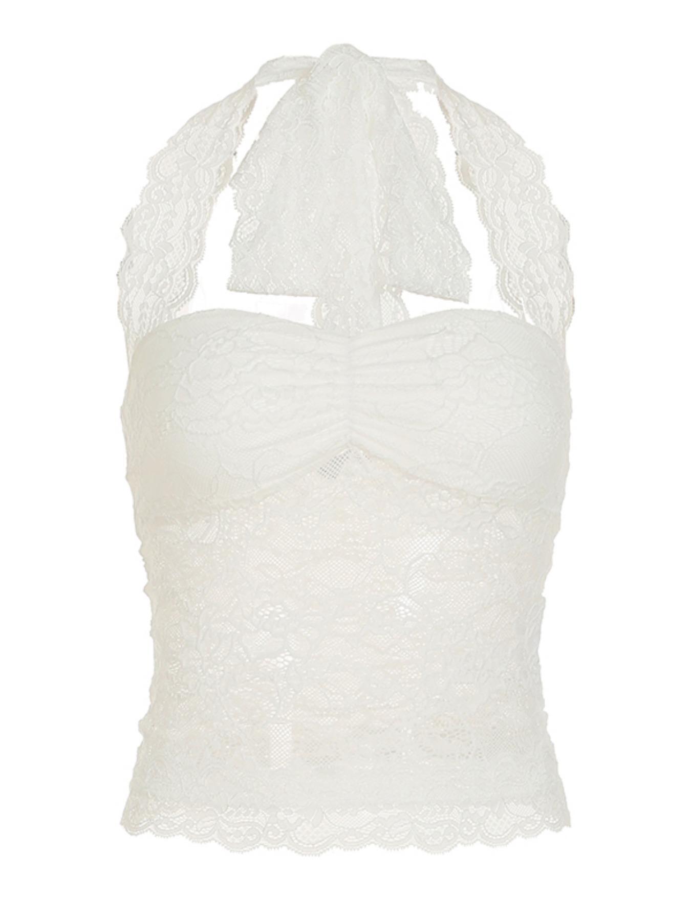 Women's Solid Lace Crop Halter Neck  Top, Y2k Fashion Casual Backless Sleeveless Top for Summer, Women's Clothing for Daily Wear, Womenswear