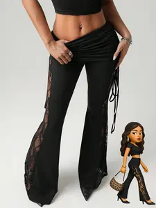 Valentine's Day Women's Lace Side Stripe Beach Vacation Pants, Sexy Waist Drawstring Flare Leggings, Casual Slim-Fit All Season Wear