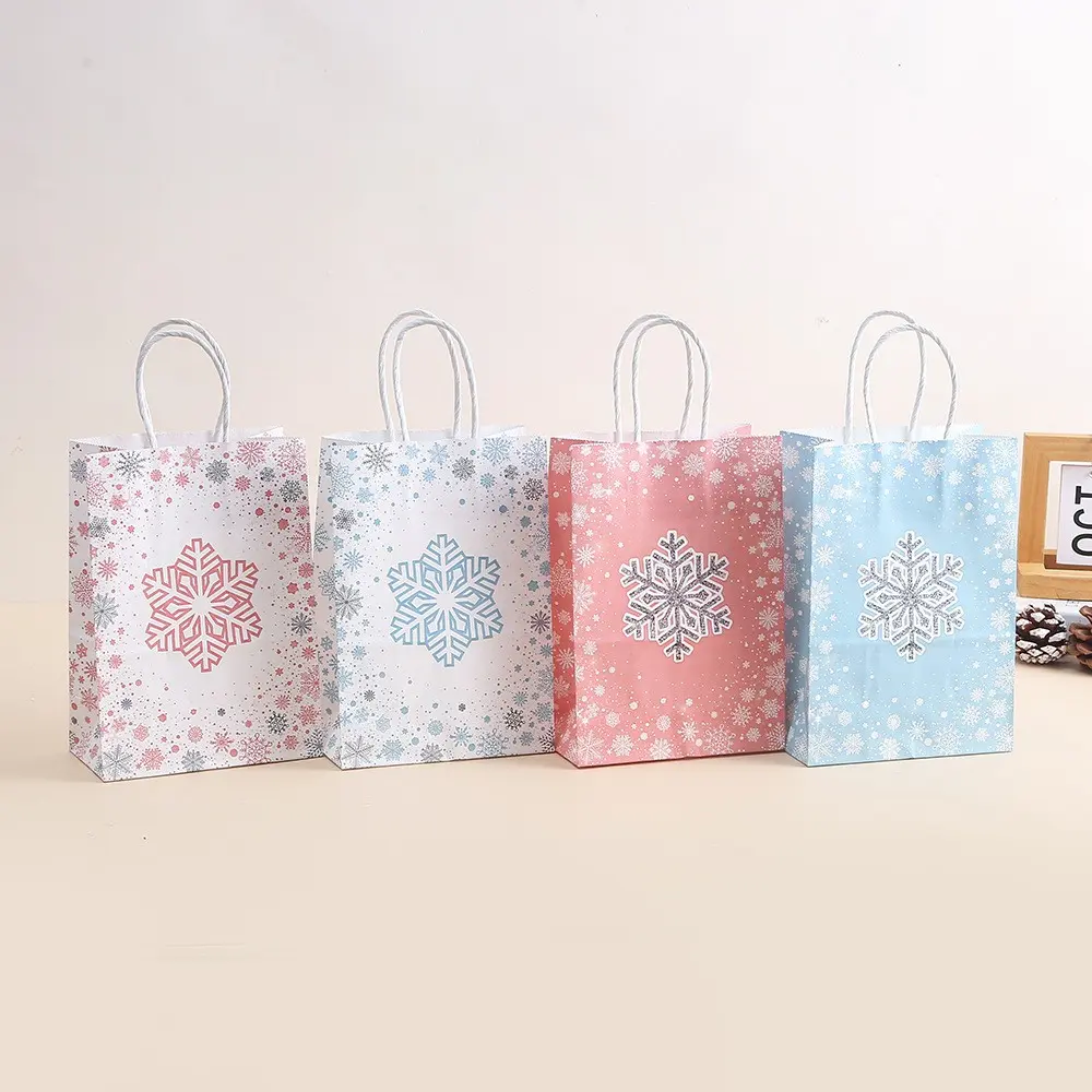Winter Snowflake Gift Packaging Bags, Reusable Kraft Paper Tote Bags, Christmas Holiday Gifts, Halloween, New Year, Birthday, Back-To-School