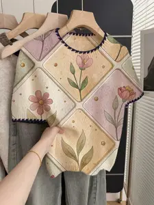 French Vintage Loose Round Neck Elegant Short Sleeve Knit Top, Colorblock Plaid Print, Summer Casual Women's Clothing
