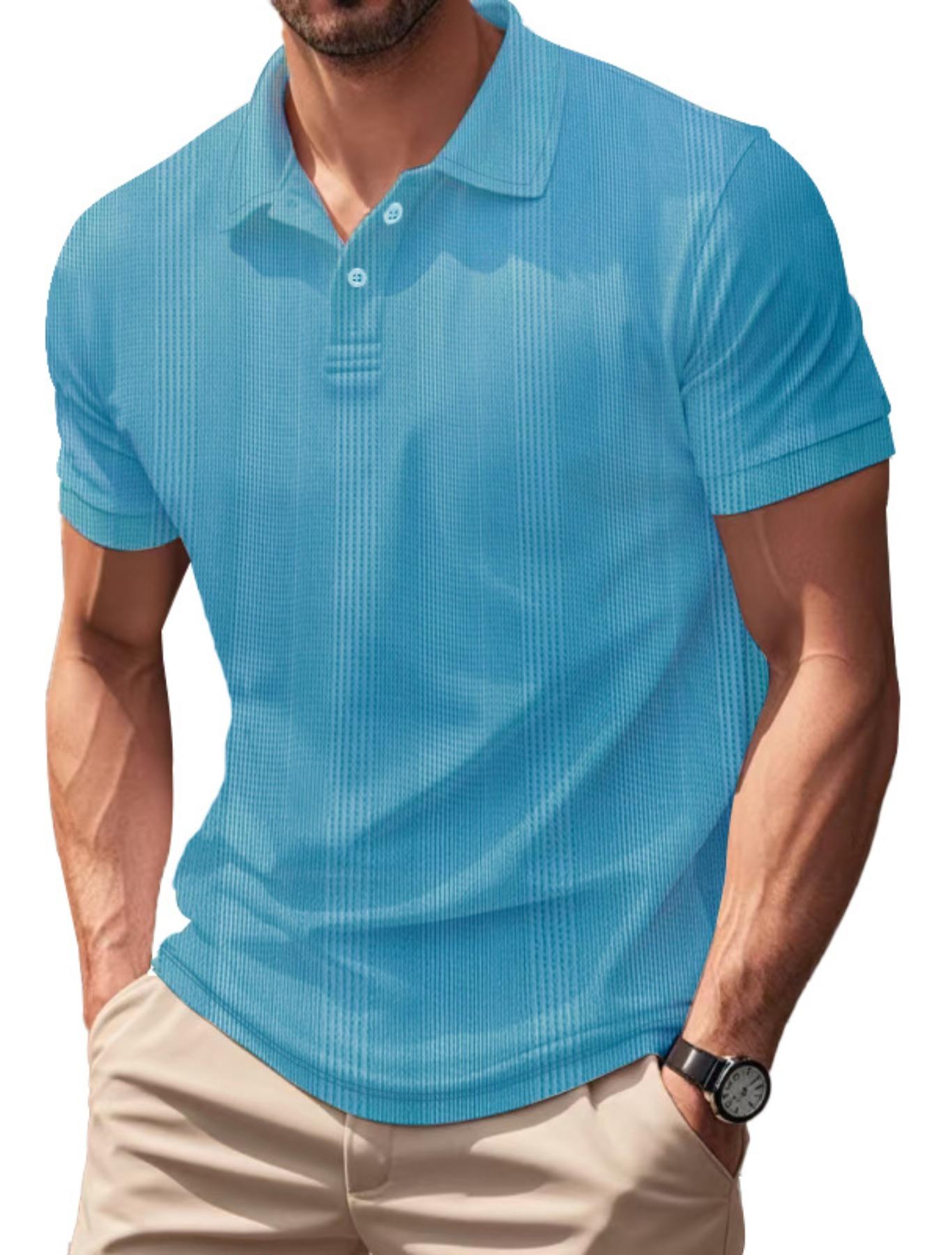 Men's Regular Fit Plain Jacquard Waffle Knit Polo Shirt, Casual Short Sleeve Collared Top for Summer, Fashion Men's Clothes for Daily Wear, Tropical