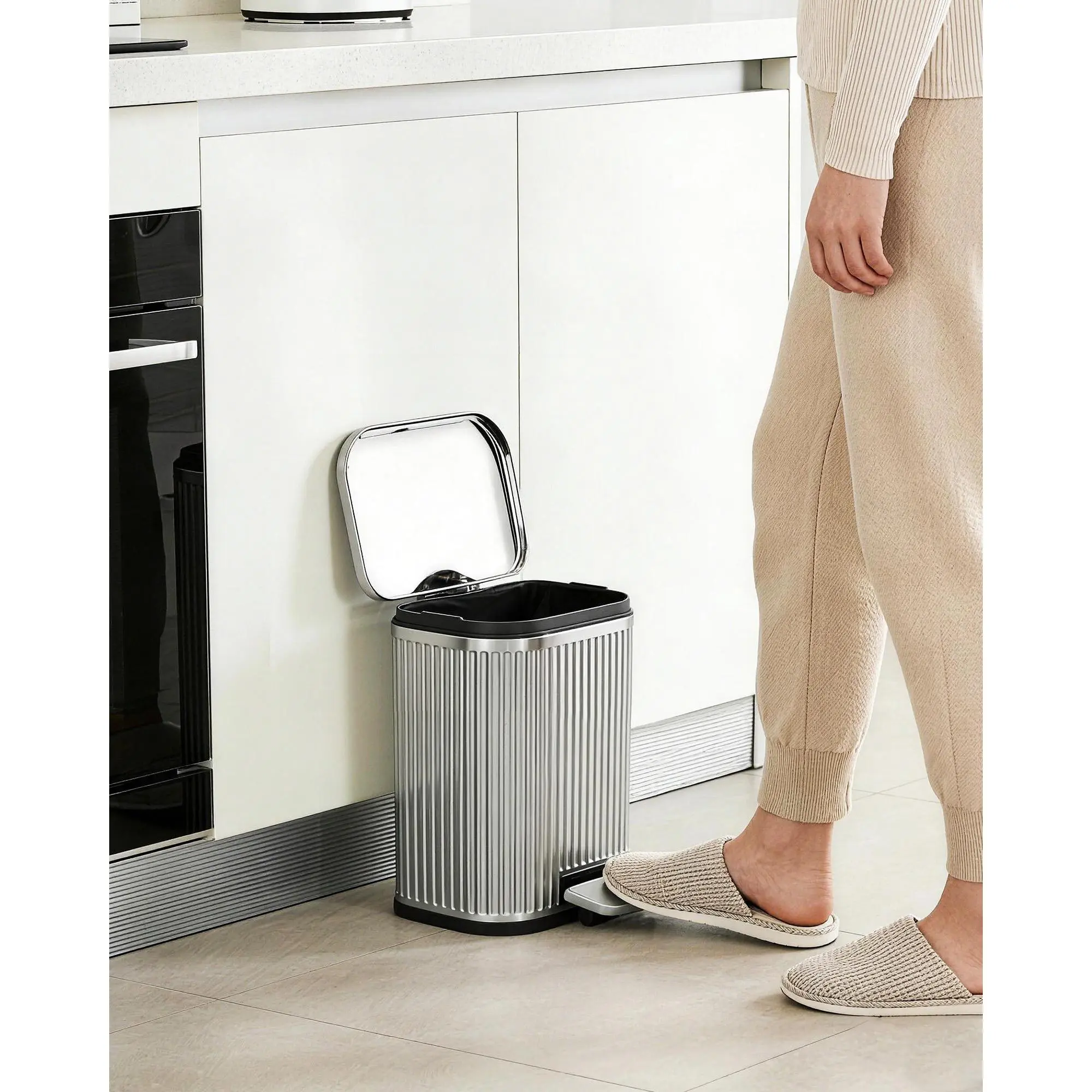 Odor Control and Soft-Close Stainless Steel Step Trash Can Only, Fluted Rectangular Indoor Recycling Bin with Removable Bucket and Anti-Slip Base, Waste Storage Container for Kitchen, Living Room and Office