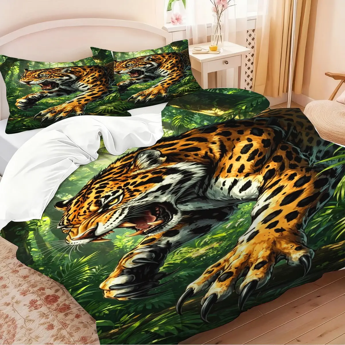 Wild Jaguar Big Cat Graphic 2/3pcs Duvet Cover Set, No Filling Included, Breathable Bedding Set, Machine Washable Comforter Cover Set, Masculine Jungle Wildlife Decor For Cabin, Master Bedroom, Guest Room