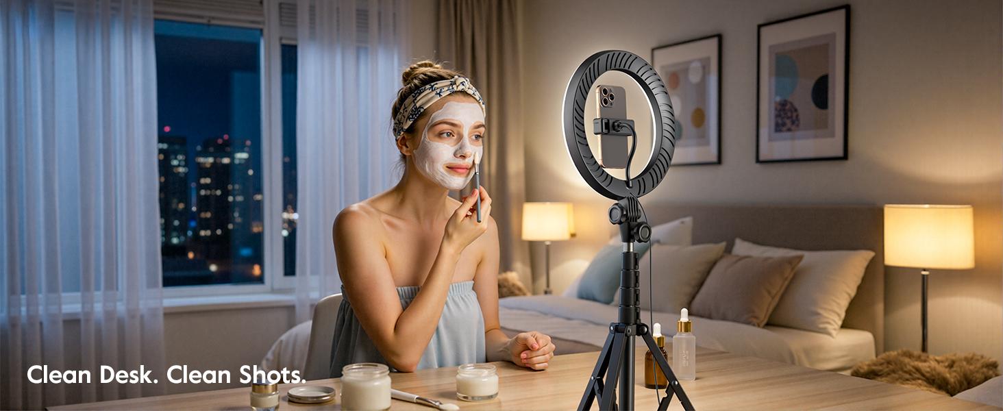 Tripod for iPhone with Light & Phone Holder - 10.5'' Ring Light with Stand - Second Arm with Overhead Phone, Fast-Adjust Bamboo-Flex Stand & Remote for Content Creators, Video Recording