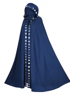 Gothic Witch Cape Long Coat, Halloween Costume, Moon Phase Trimmed Hooded Wizard Robe, Dark Theme Party Dress, Medieval Style Outerwear