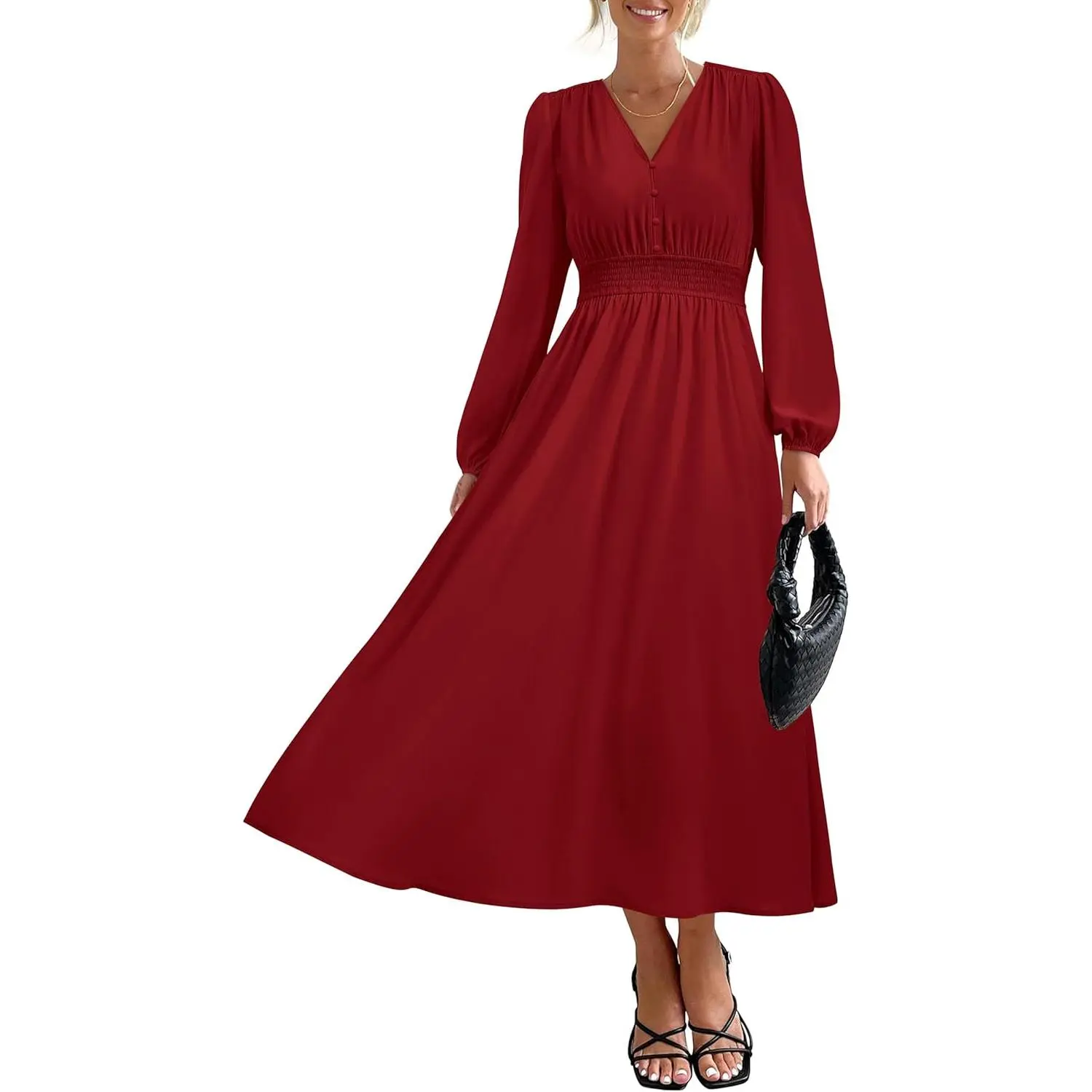 Women's Formal Maxi Dress, Elegant V-Neck Long Sleeve Flowy Gown for Wedding Guest and Holiday Events, Formal Wear, Longsleeves, Holiday Formal