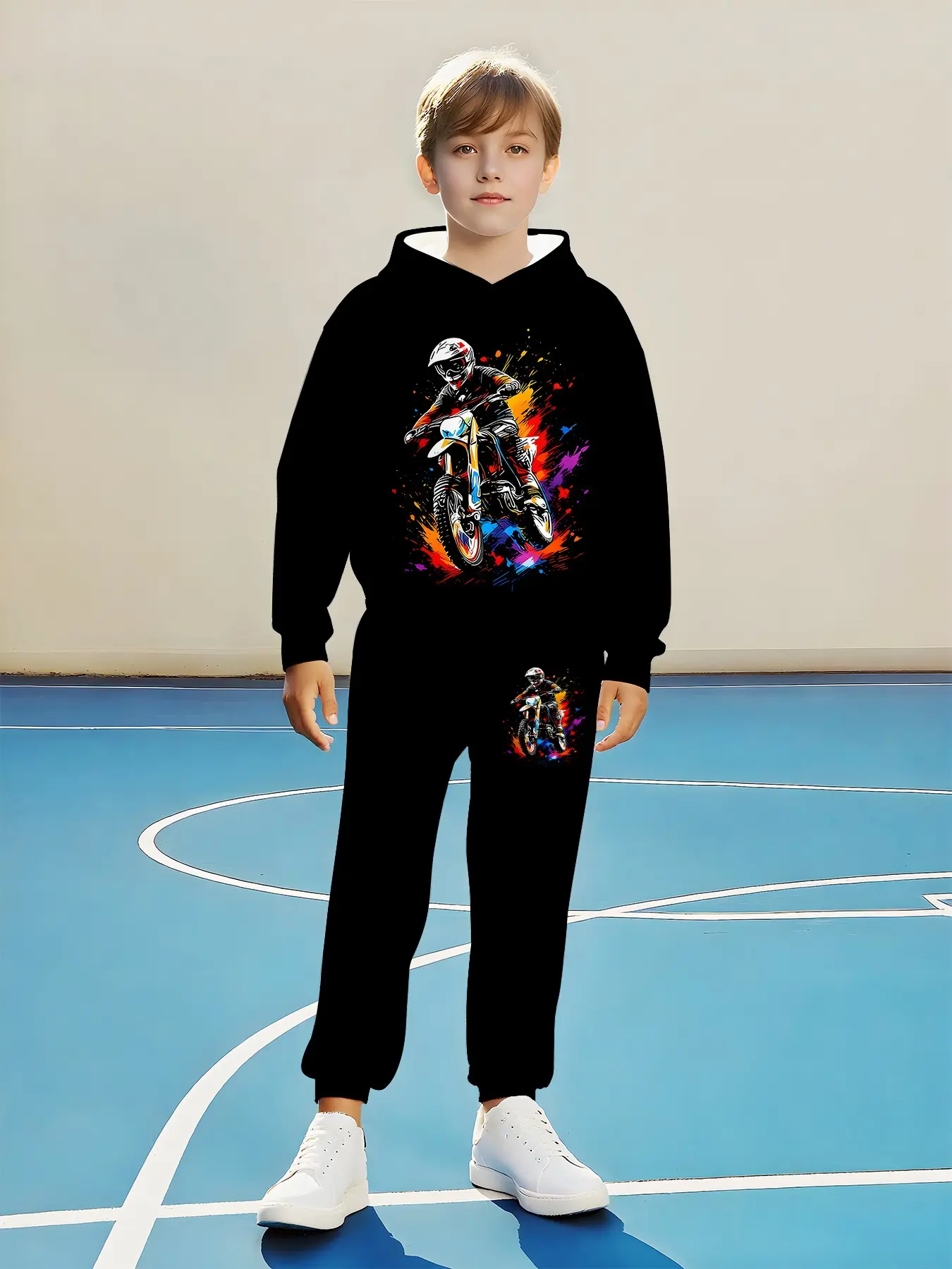 Motorcycle Boy Exclusive Set, Colorful Off-Road Motorcycle Print, Hooded Two-Piece Set, Casual Long Sleeve Sweapants, Fall & Winter