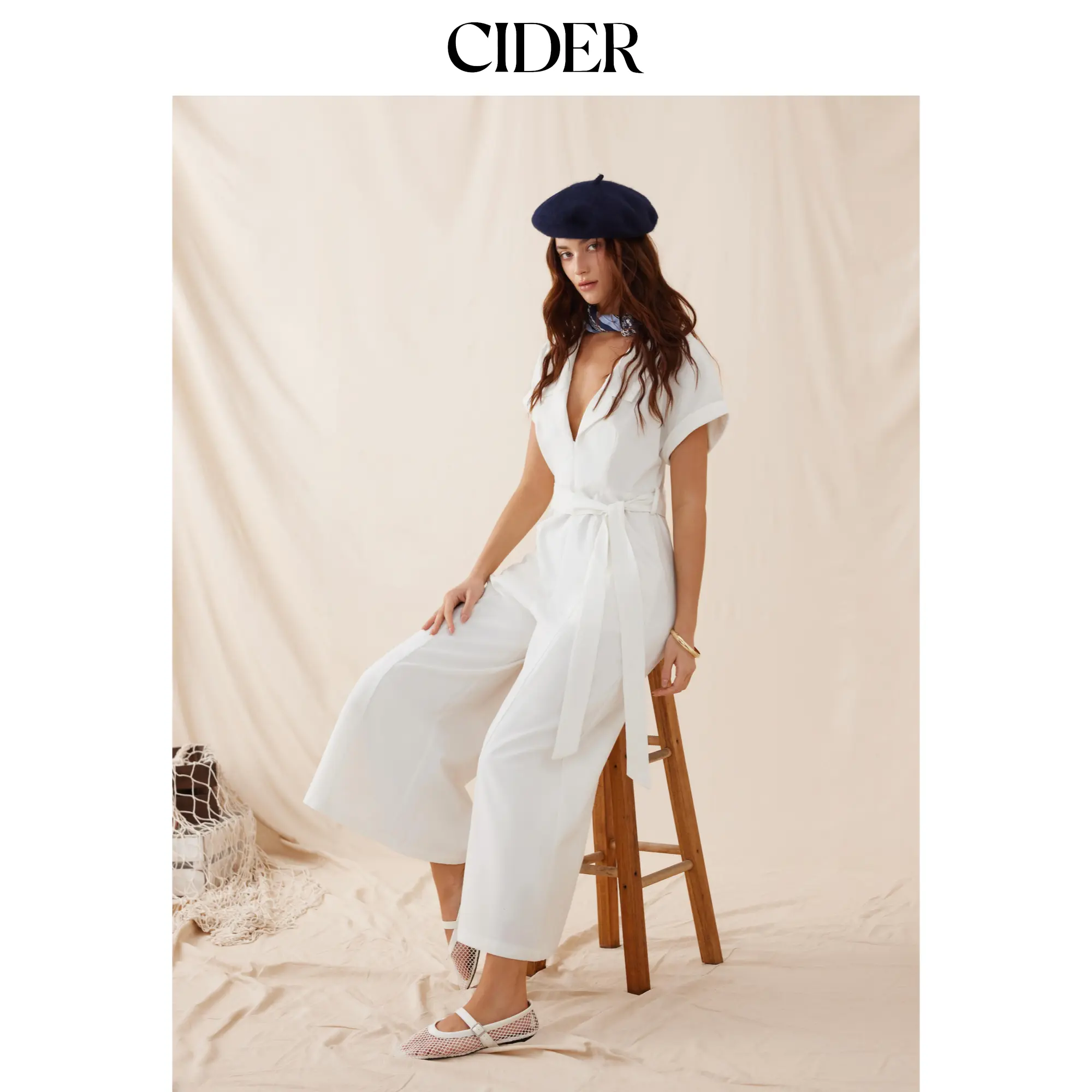 Cider Linen-blend Collar Twist & Knot Belted High Rise Wide Leg Jumpsuit