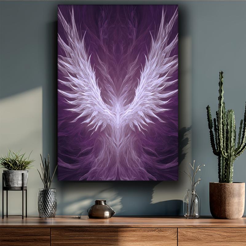 1pc Modern Gothic Purple & White Angel Wings Canvas Wall Art - Abstract Wing Design with Deep Violet-Purple Background, Wrapped Wood Frame, 12x16 Inch Square Painting for Home Decor, Living Room, Bedroom, Office