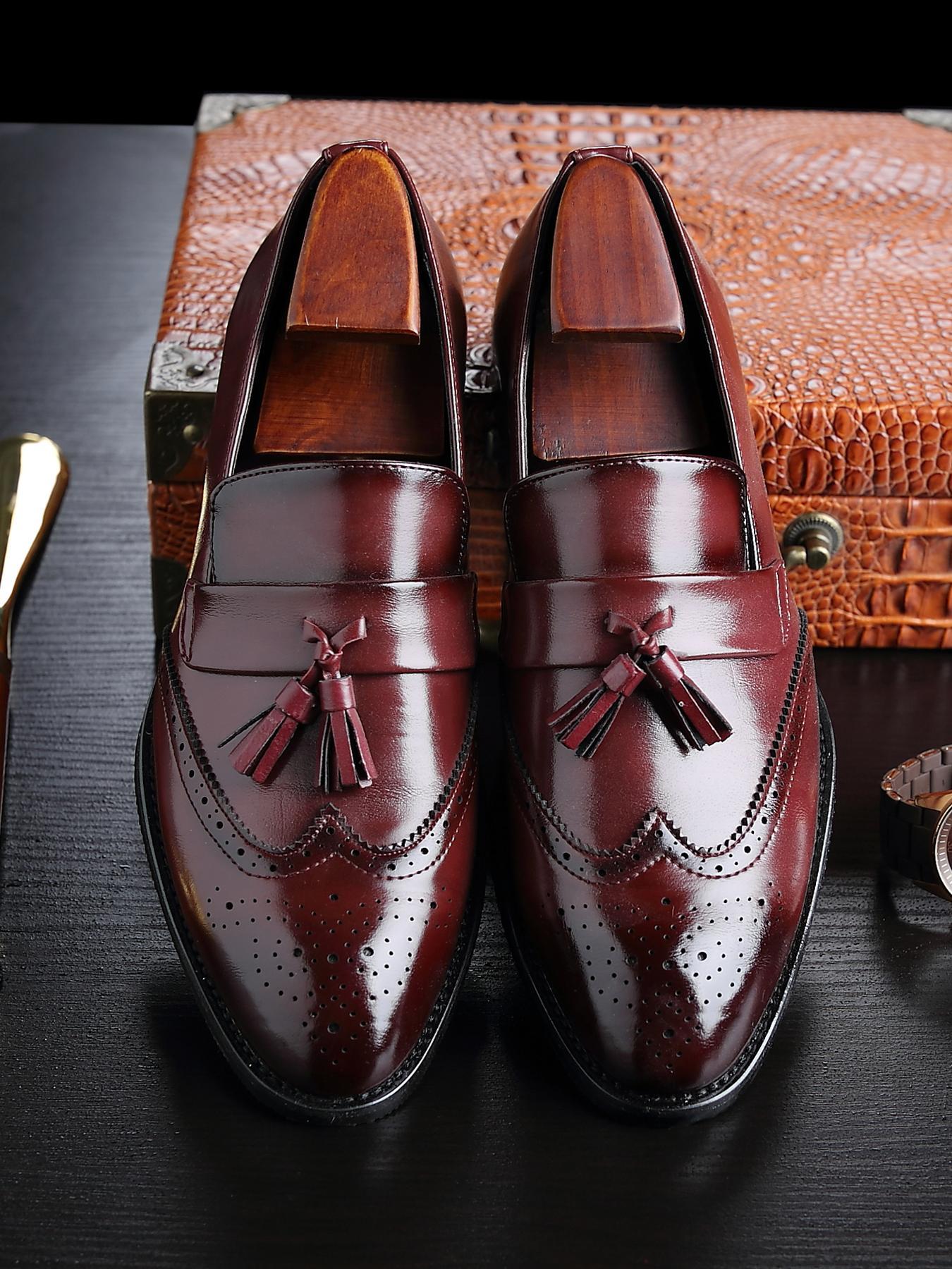Men's Business Solid Color Classic Pointed Toe Tassel Decor Loafers, Fashionable PU Leather Dress Shoes for Work Office, Male All-match Commuter Shoes for Daily Wear