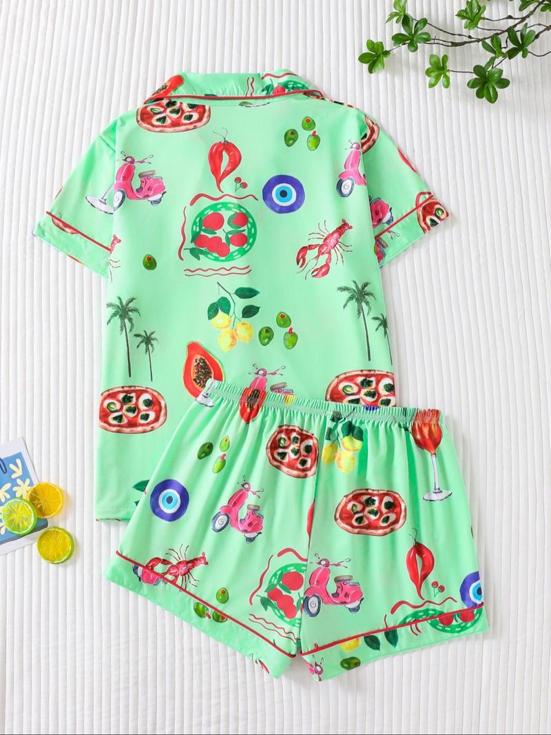 Women's Fruit Print Shirt & Elastic Waist Shorts Pyjama Two-piece Set, Casual Comfy Short Sleeve Top & Shorts PJ Set, Matching PJ Set, Ladies Sleepwear for All Seasons
