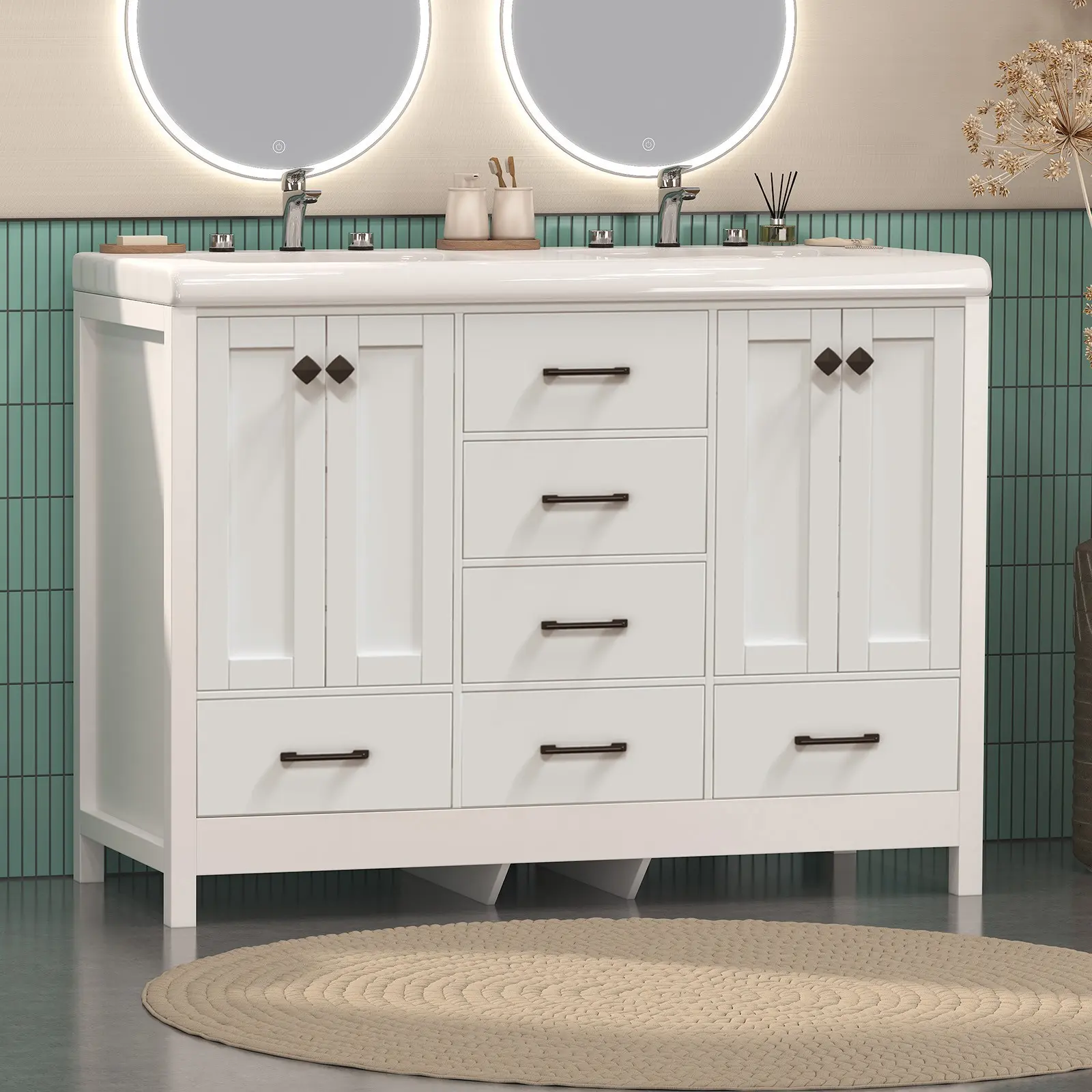 47" Bathroom Vanity with Double Sink Freestanding Storage Cabinet with 6 Drawers