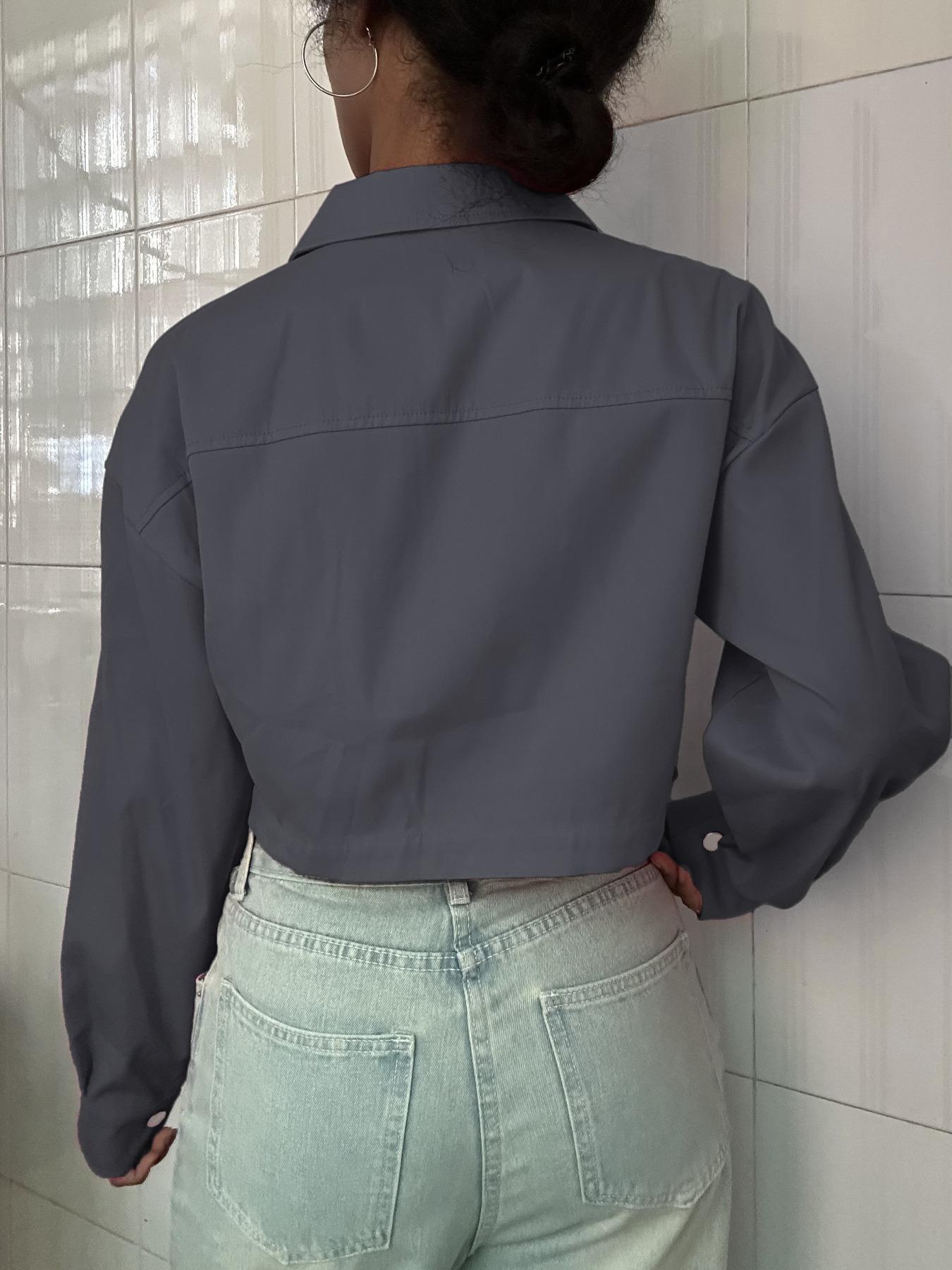 Women's Solid Button Front Drop Shoulder Crop Jacket, Casual Long Sleeve Collared Coat Outerwear for Fall & Winter, Ladies Clothes for Daily Wear