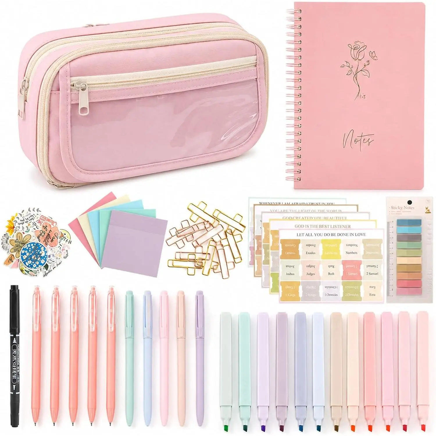 Study Supplies Journaling Kit Christian Religious Gifts  | A5 Notebook, Pencil Case, Highlighters, Tabs, Stickers for Note Taking, Annotation, for Women Students