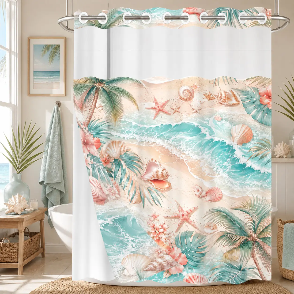 1Pc Hookless Waterproof Shower Curtain, Light Watercolor Island Palm Shell Wave Floral Print, Quick Dry Mildew Proof Fabric, Removable Snap-in Liner Accessory, Top See-Through Window, Fresh Healing Seaside Divider Curtain 71×74 Inch