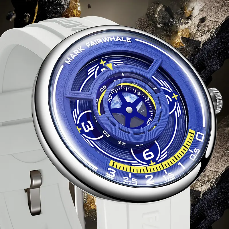 Mark Fairwhale Luminous Round 3D Dial Quartz Analog Men’s Watch - Unique Display, Silicone Strap, Sports Wear, Fashionable Waterproof, Casual Trendy - FW-5990-R1, Analog Wristwatch