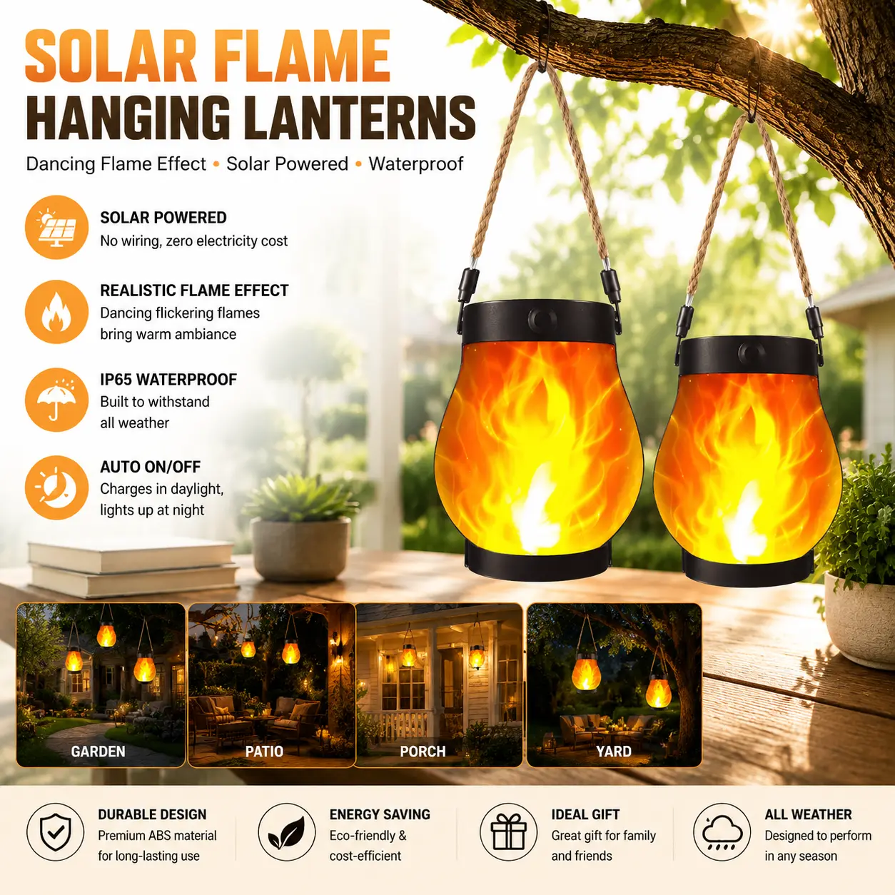 Flame Garden Light Solar Lanterns Outdoor with Dancing Flame Effect, Solar Powered Hanging Lantern Lights with Realistic Flickering Flames, Waterproof Decorative Lights for Front Porch Patio Garden Yard Table and Outdoor Decor