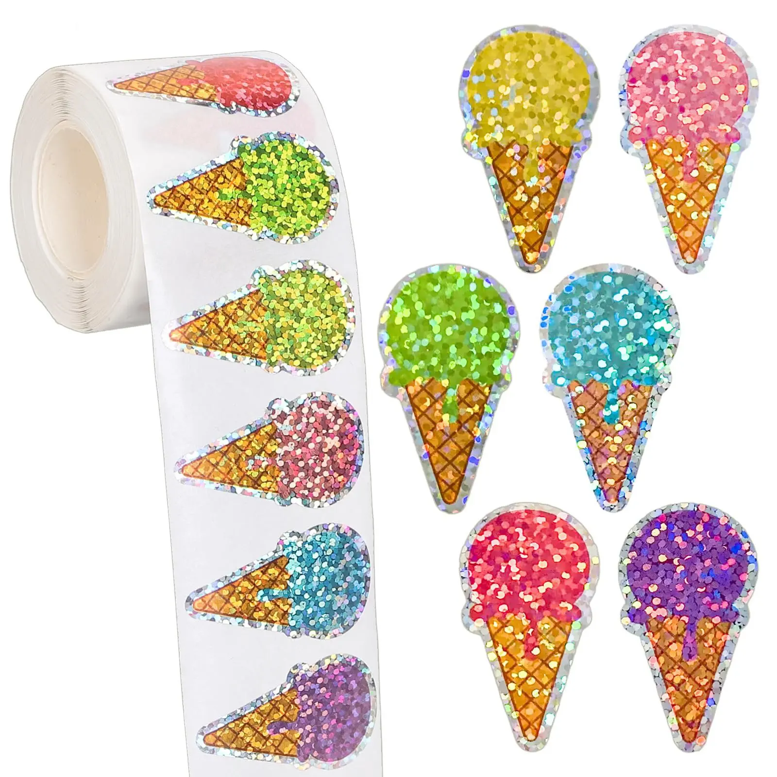 500pcs 1in Holographic Ice Cream Cone Party Decor Stickers, Gift Decoration Envelope Seals, Beverage Dessert Packaging Stickers
