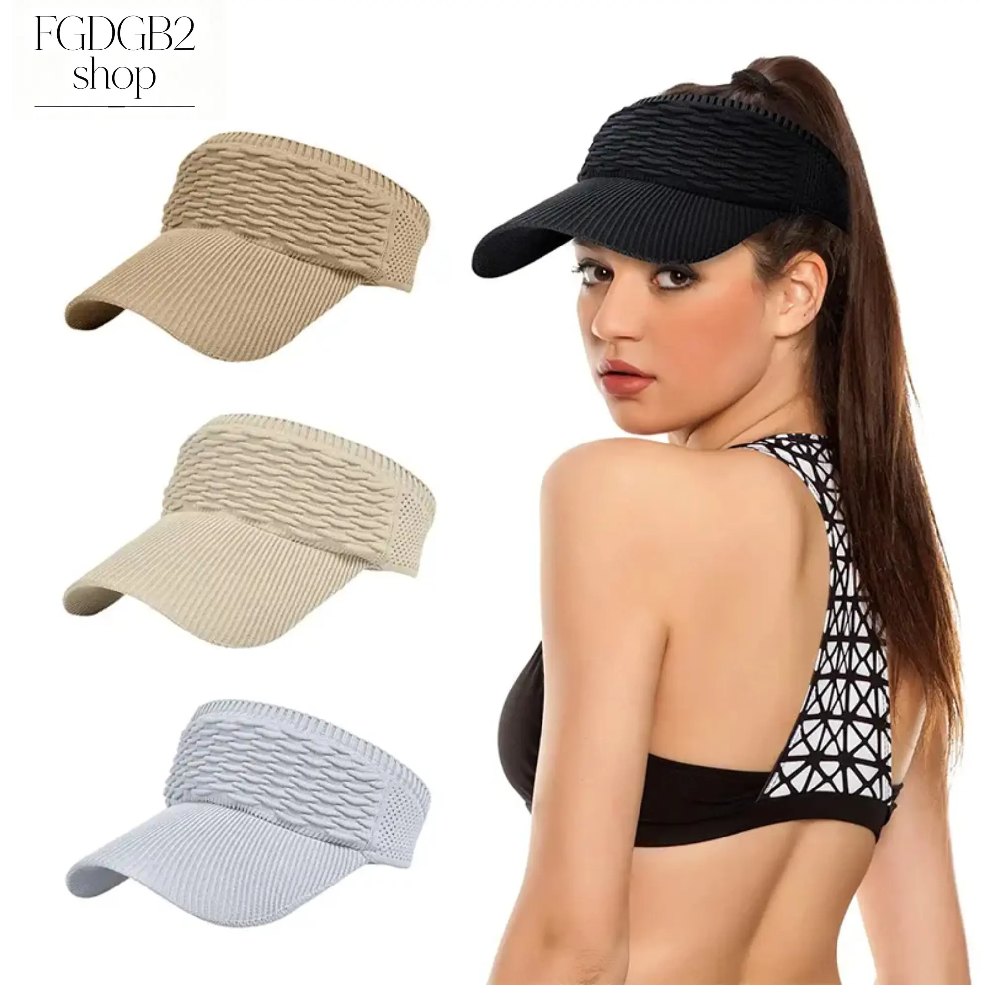 2Pcs Women’s High Ponytail Sun Visor Hat, UPF 50+ Open Top Wide Brim Cap, Breathable Lightweight Adjustable Visor for Golf, Running, Tennis, Beach, Hiking & Travel