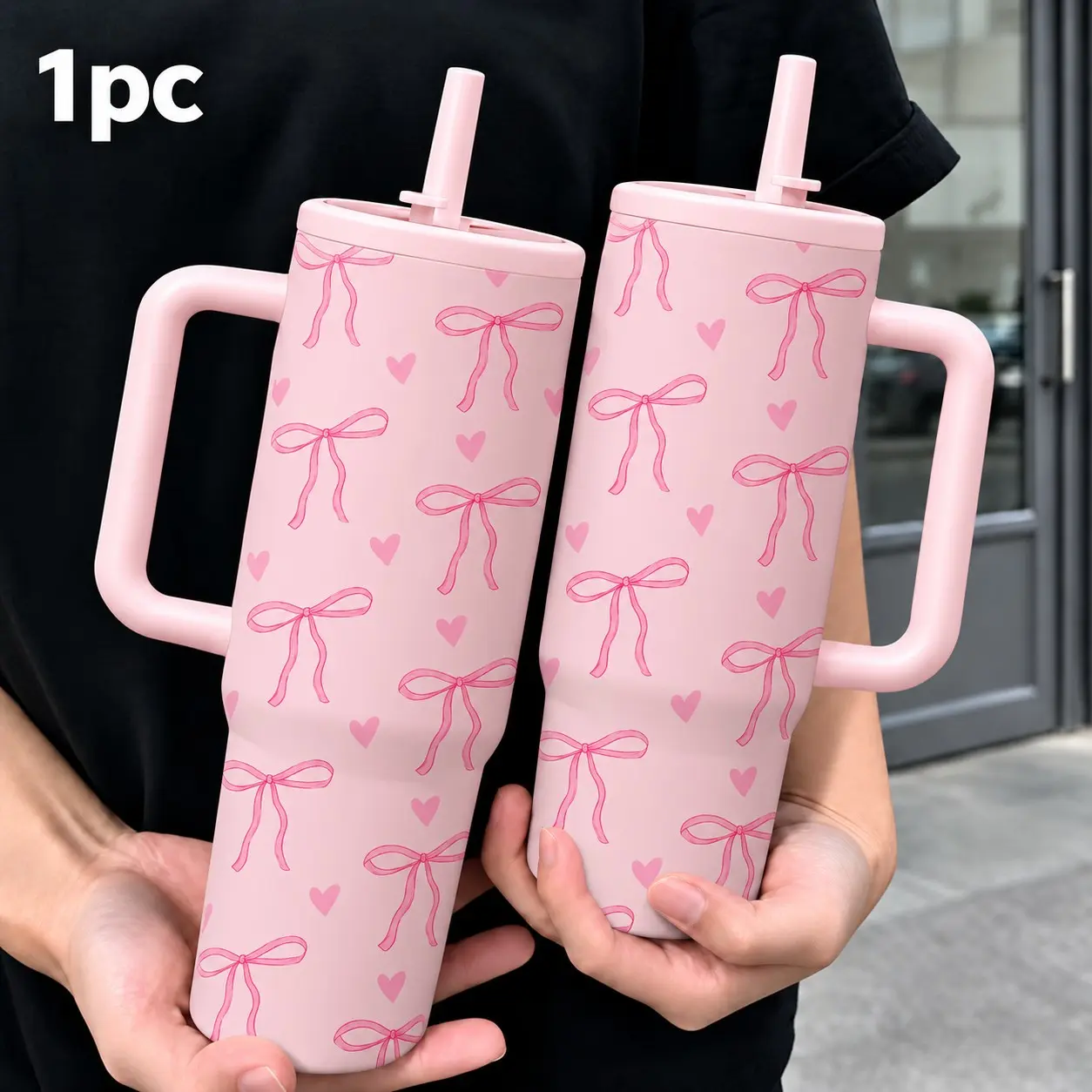 1pc 40oz Stainless Steel Luxe Tumbler with Lid and Straw, Insulated Drink Tumbler, Pink Bow Heart Coquette Aesthetic Style, Vacuum Insulated Thermal Cup, Keep Hot 12H / Cold 24H, Cute Travel Mug for Daily Use, Gift for Bow and Pink Aesthetic Lovers
