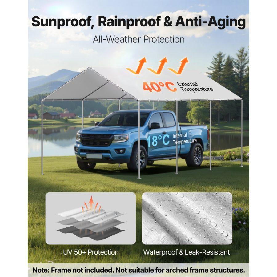 VEVOR Carport Replacement Canopy, 20x 20 ft Potable Garage Tent Top Tarp with Sidewalls, UV-Resistant Waterproof, Heavy Duty Car Shelter Tarp with Ball Buggees, Grey, Frame Not Included