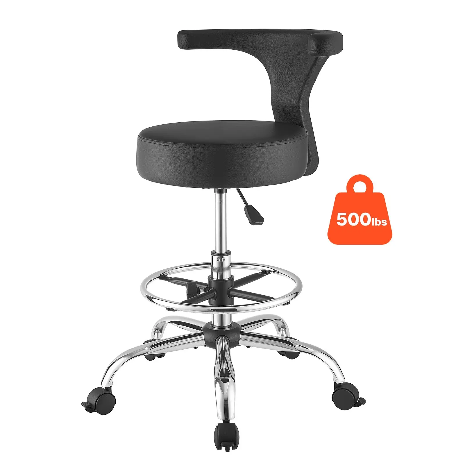 VEVOR Sturdy Rolling Stool with Backrest, 500lb Capacity Chair, Height Adjustable, Thick Cushion Ergonomic PU Leather Round Seat, 360 Swivel, Gas Lift, 8.9 in Backrest Height, for Dental, Salon Use, Black, Clinic