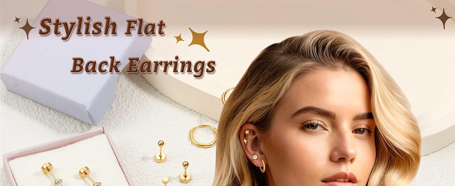 Jstyle Hypoallergenic Surgical Steel Earrings for Sensitive Ears Flat Back Stud Earrings for Women Small Stainless Steel Stud Hoop Screw Back Cartilage Earring Set for Multiple Piercing