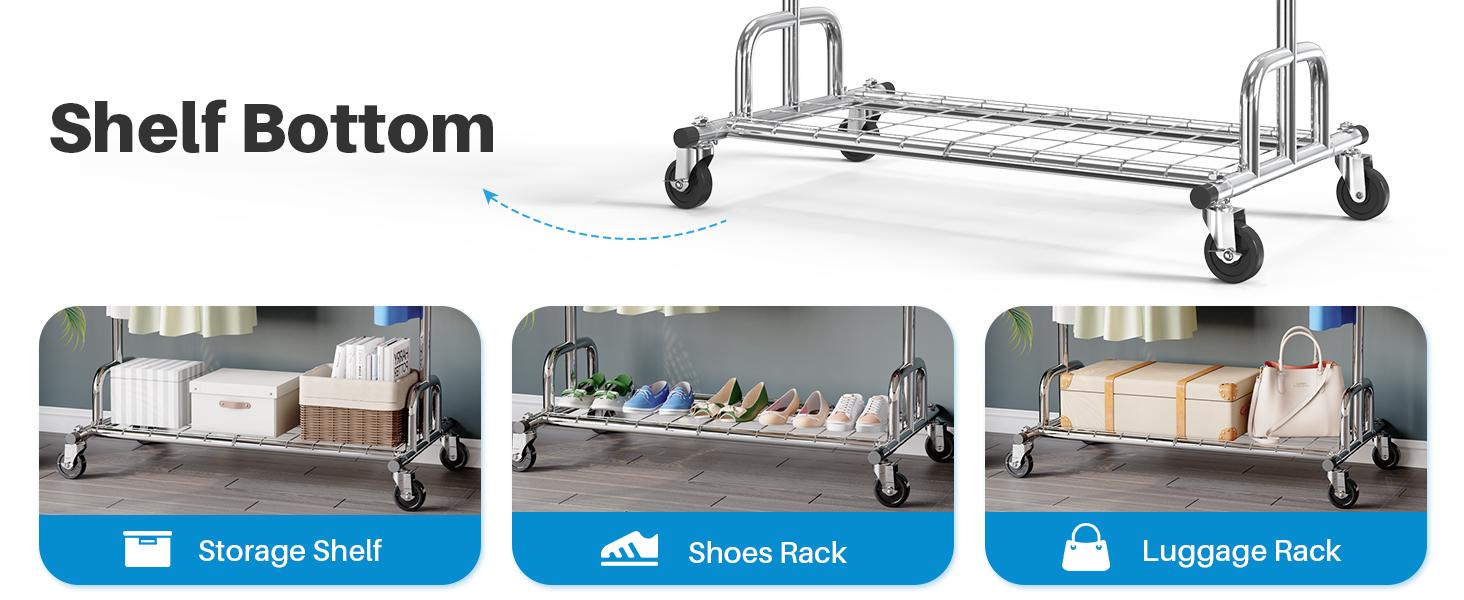Clothing Garment Rack Capacity 525LBS Clothing Racks on Wheels Rolling Clothes Rack for Hanging Clothes Heavy Duty Collapsible Commercial