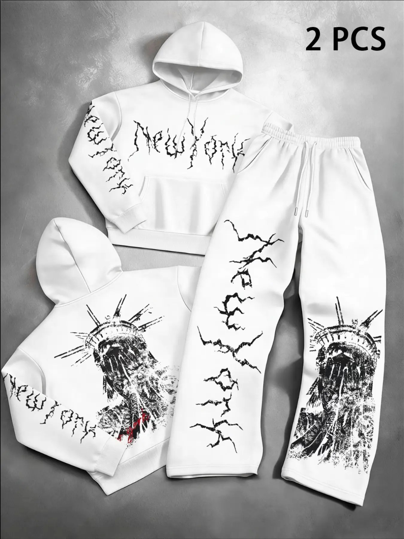 Men Pullover Hoodie & Wide Leg Sweatpants 2Pcs Tracksuit, Cracked New York Letter & Covered Statue Of Liberty Vintage Print, Kangaroo Pocket Drawstring Soft Street Sports Matching Outfit #NewYorkTracksuit #GothicStreetSet #StatueLibertyHoodieSet