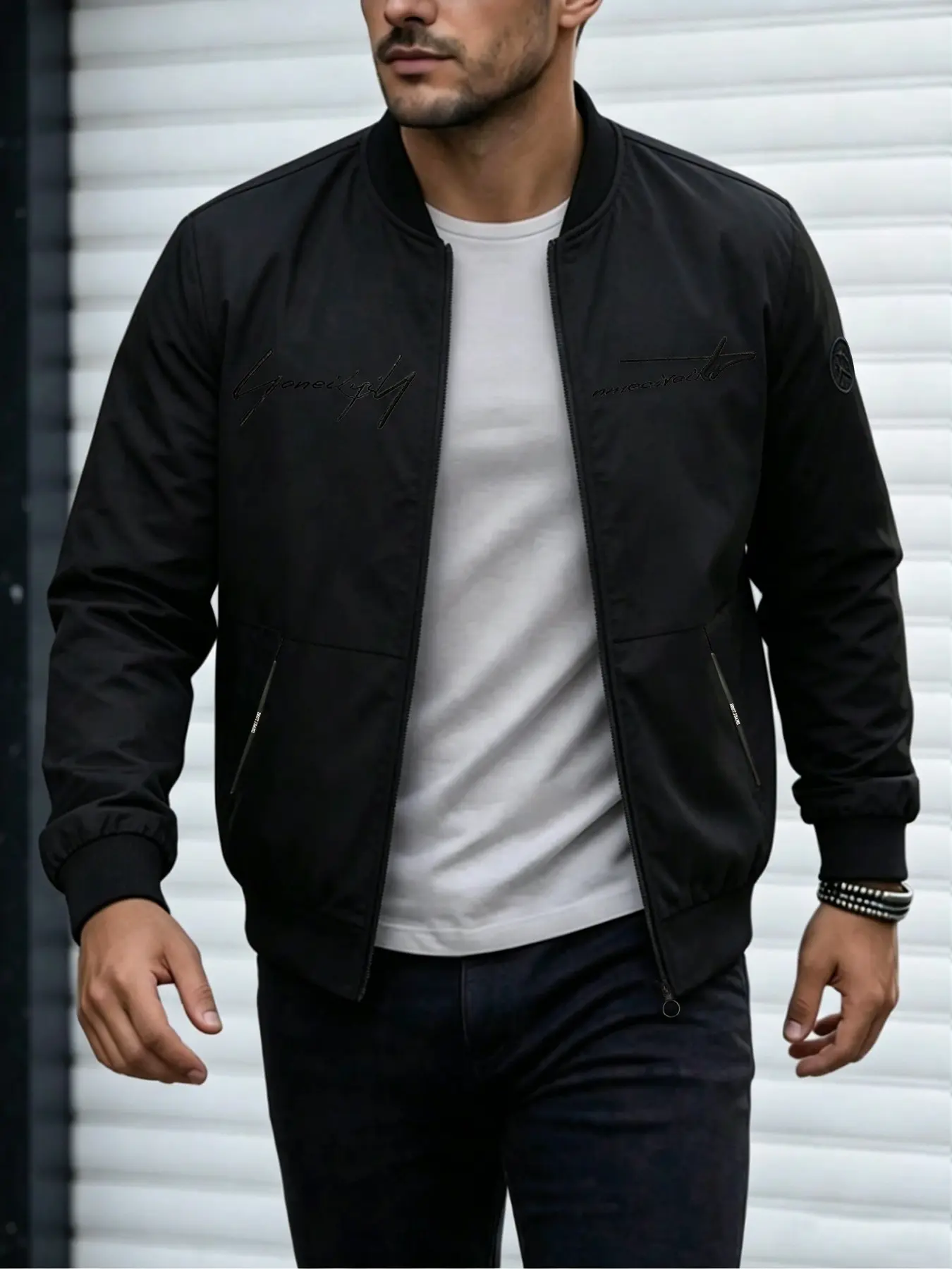 Men's Spring & Fall Jacket, Letter Embroidered Zipper Jacket, Business Casual Top, Baseball Neck Outerwear, Fitted Style, Long Sleeve