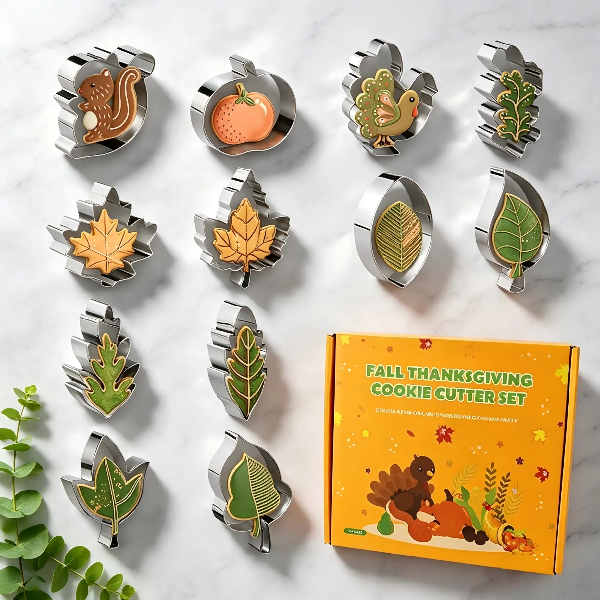 12 Pcs Fall Thanksgiving Cookie Cutter Set Stainless Steel Turkey Squirrel Maple Leaf Acorn Shapes for Holiday DIY Baking Gift for Bakers, Food Grade Easy Clean Cake Decor Pastry Molds Kitchen Tools