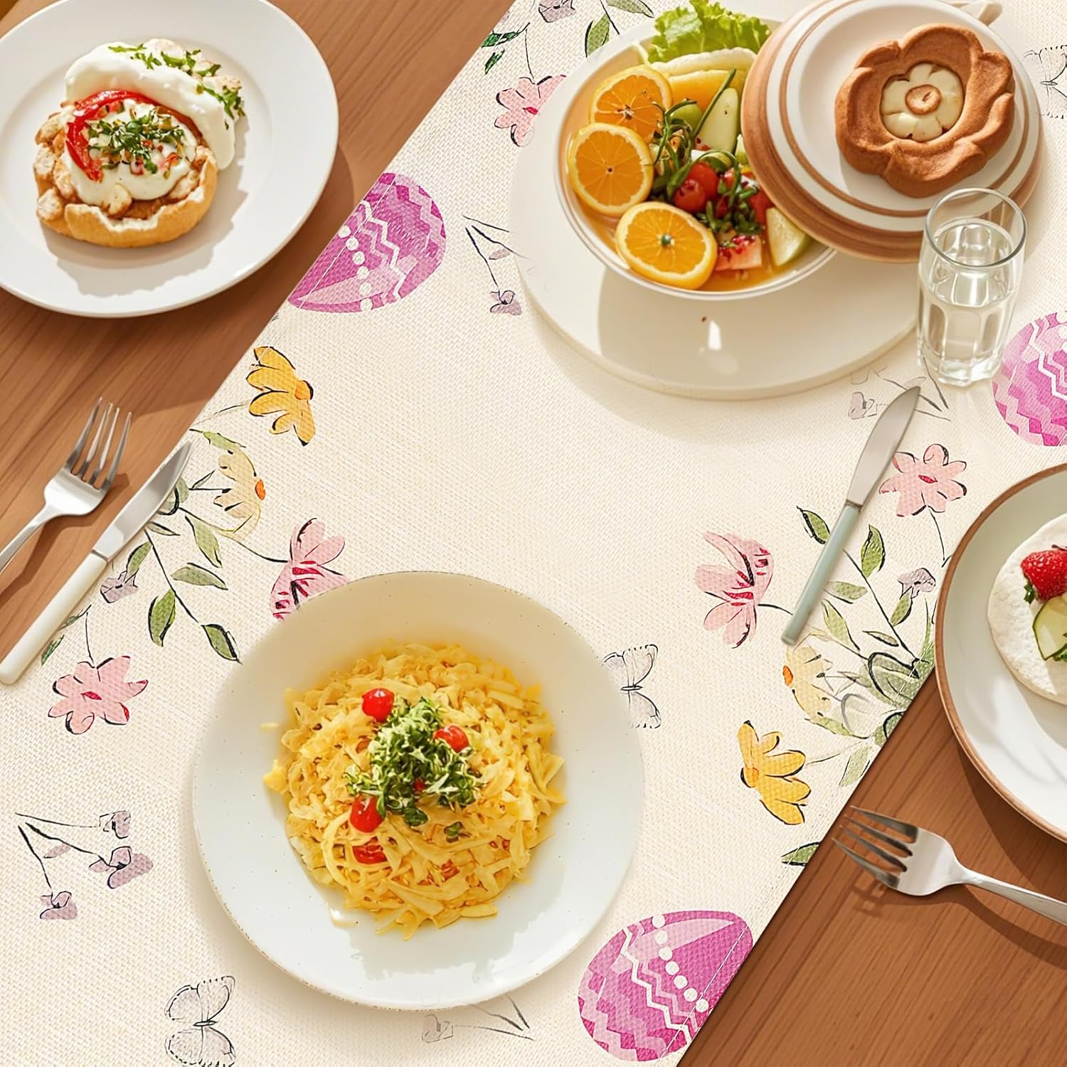 Easter Table Runner 13*72 Inch, Easter Decorations for Table Decor, Bunny Table Runner with Cross Flower, He is Risen Decors Spring Kitchen Dining Table Decor for Home