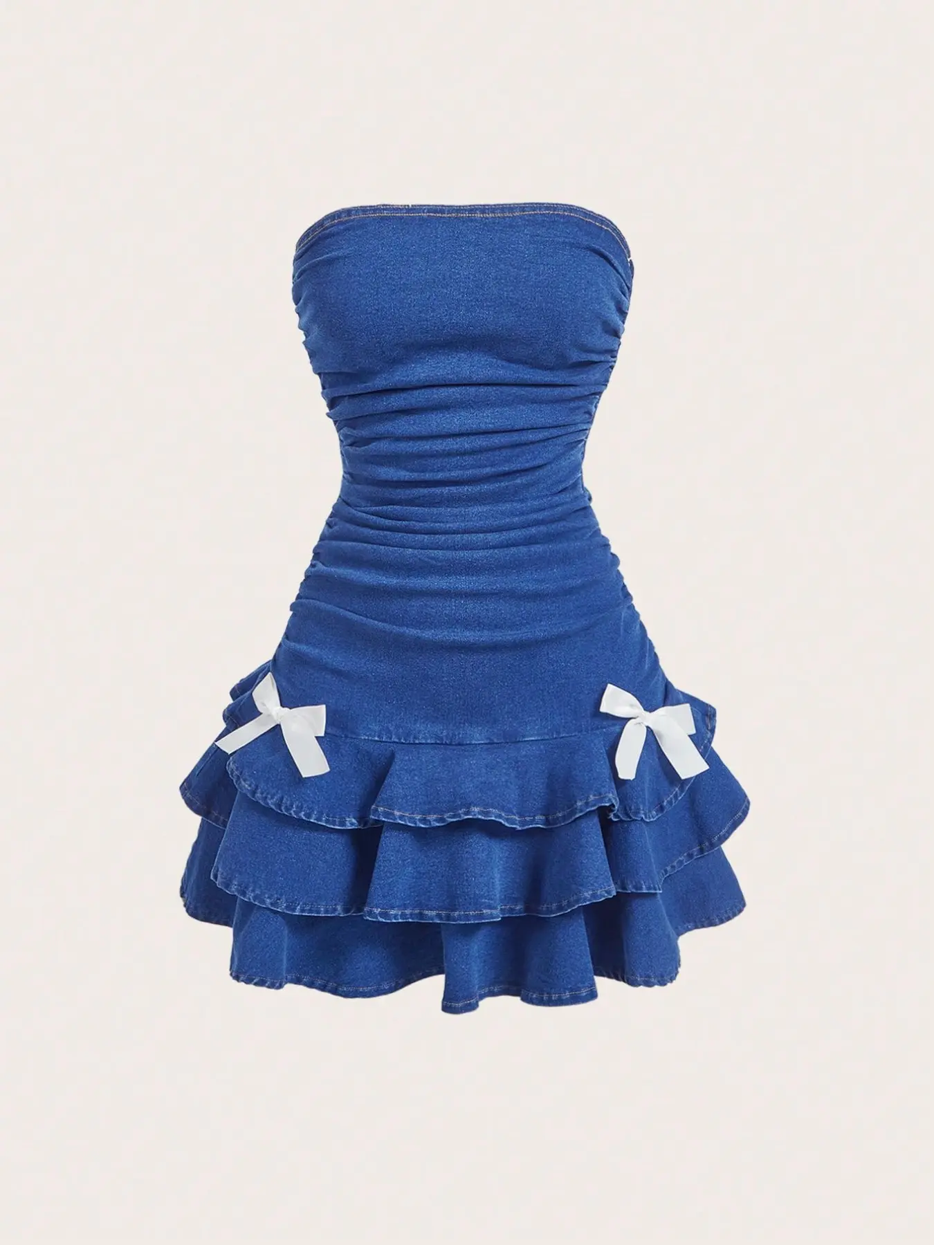 Crop Top Denim Dress, Sleeveless Bowknot Sexy Short Skirt, Ruched Waist Cake Dress, Flattering Leg-Lengthening, Comfortable Fabric, Summer, Cute, Ideal for Daily Casual Wear