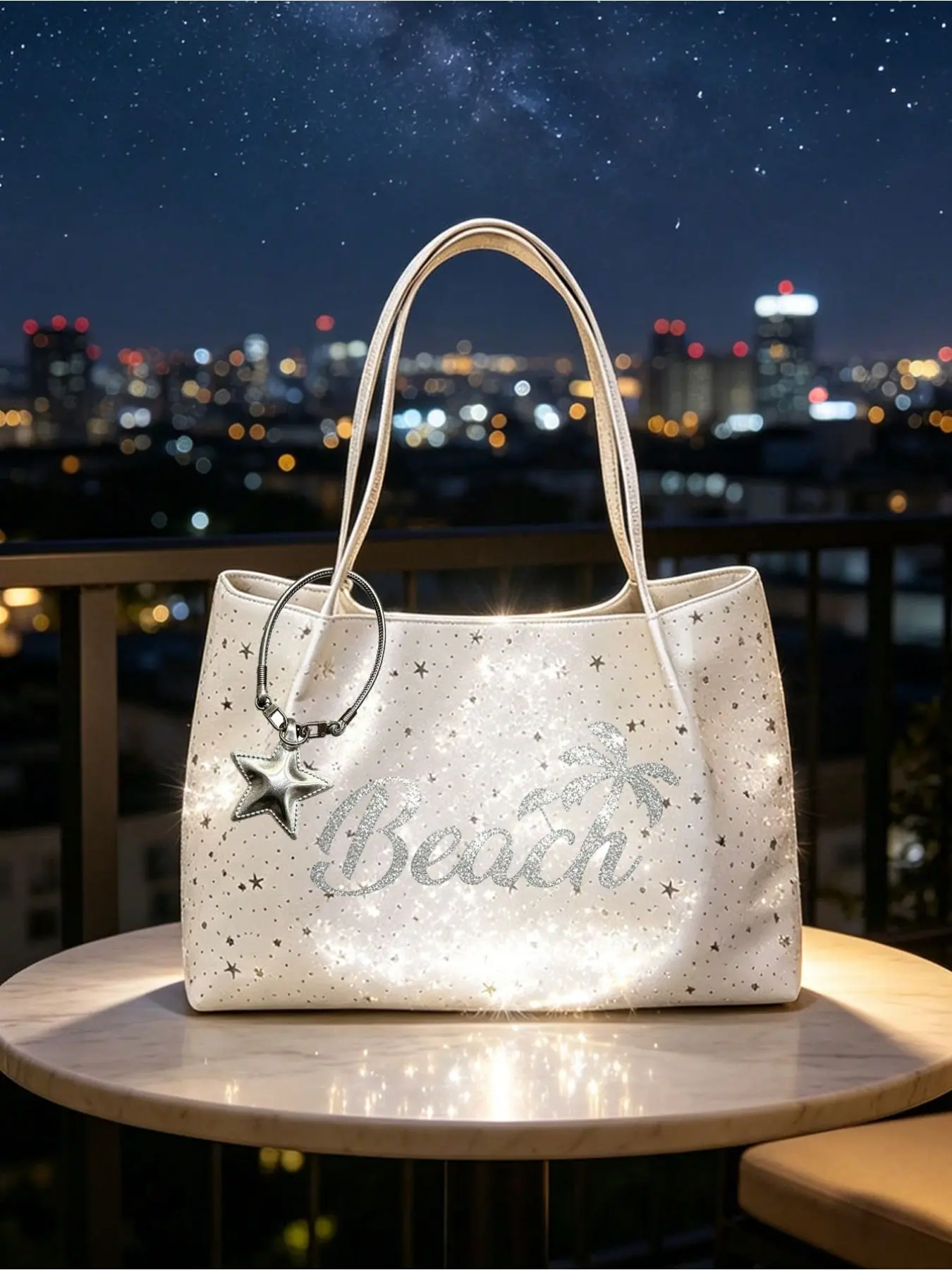 Silver Sequin Star Tote Bag Dual-purpose beach & evening bag with star keychain and detachable lanyard. Large space fits towels, swimwear and laptops, great for beach, pool and daily commute. Ideal birthday & vacation gift for ladies.
