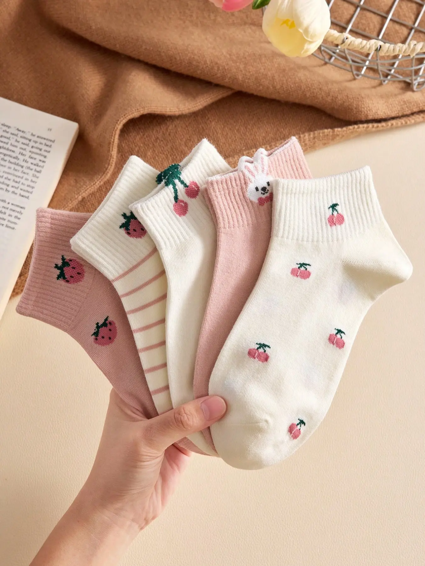 5 Pairs Cherry Strawberry Pattern Women's Socks, High Elasticity, Breathable Sweat-Wicking, Cute Style, Everyday, Daily Wear, All Seasons