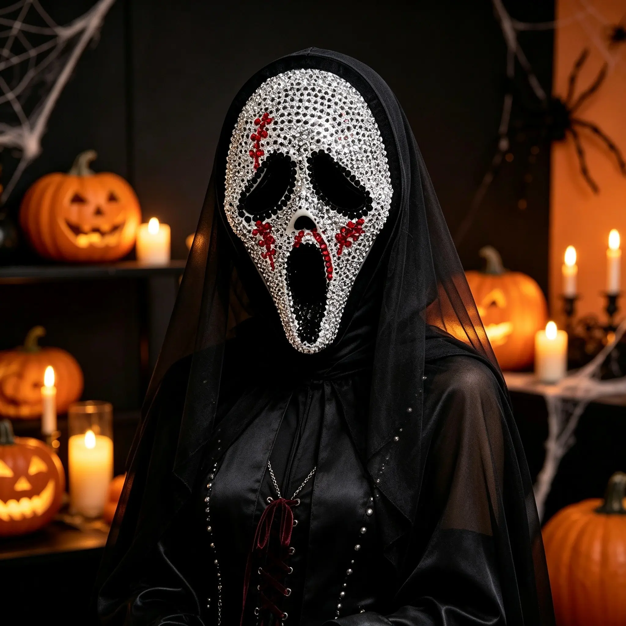 1PC Rhinestone Ghost Face Mask with Black Veil, Scream Full Face Mask, Halloween Cosplay Party Costume Prop