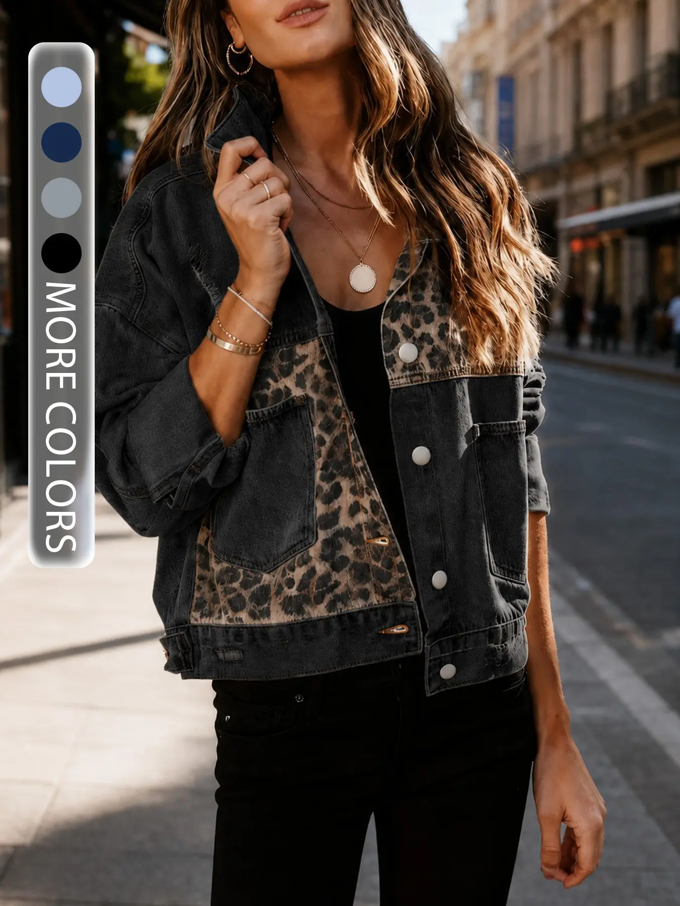Women's Leopard Print Patchwork Denim Jacket, Loose Fit Jeans Coat, Animal Pattern Design, Perfect for Daily Fashion and Streetwear, Casual