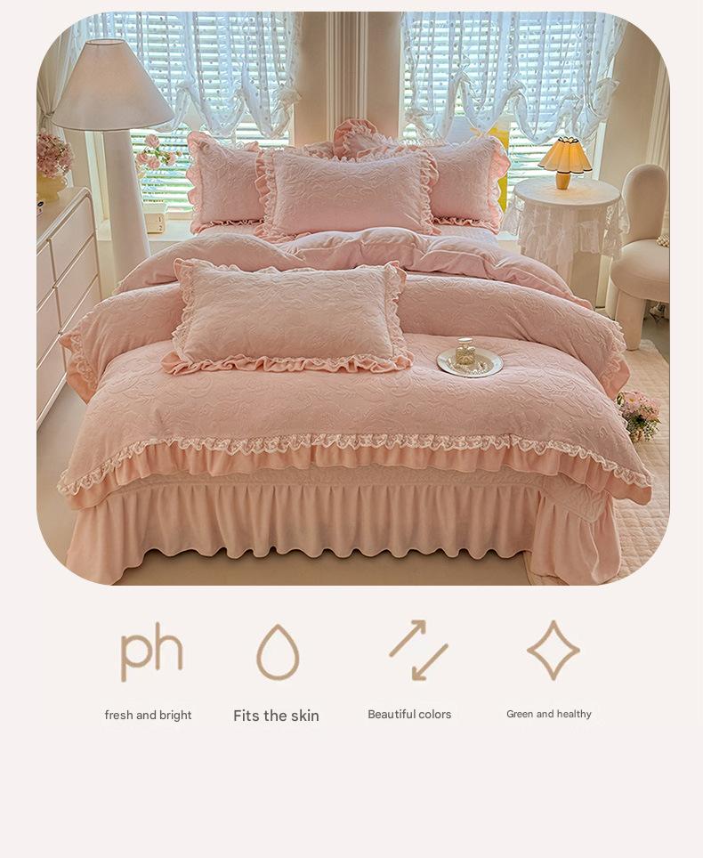 Korean-style French lace thickened milk velvet four-piece set with double-sided baby velvet and coral velvet duvet cover and quilted bed skirt